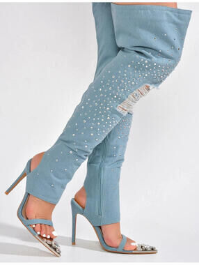 CAPE ROBBIN Kyara Rhinestone Denim Thigh High Heel Boots